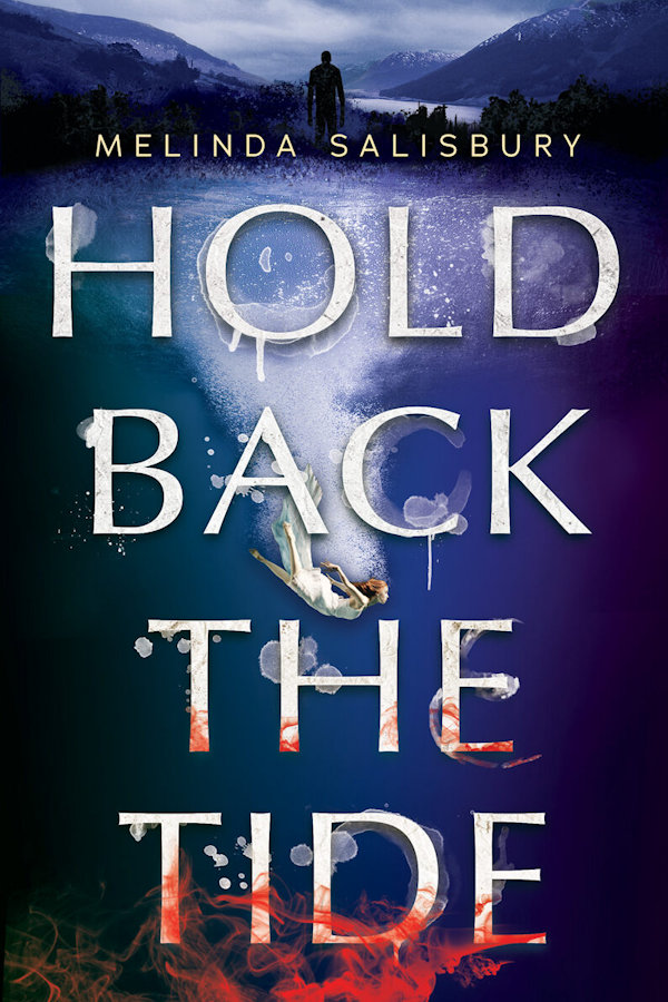 Cover of Hold Back the Tide: A girl dives in the water as a man stands above the water, there are red streams of blood in the water.