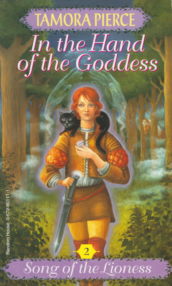 Cover of In the Hand of the Goddess: A girl glowing purple walks in a forest with a black cat around her shoulders.