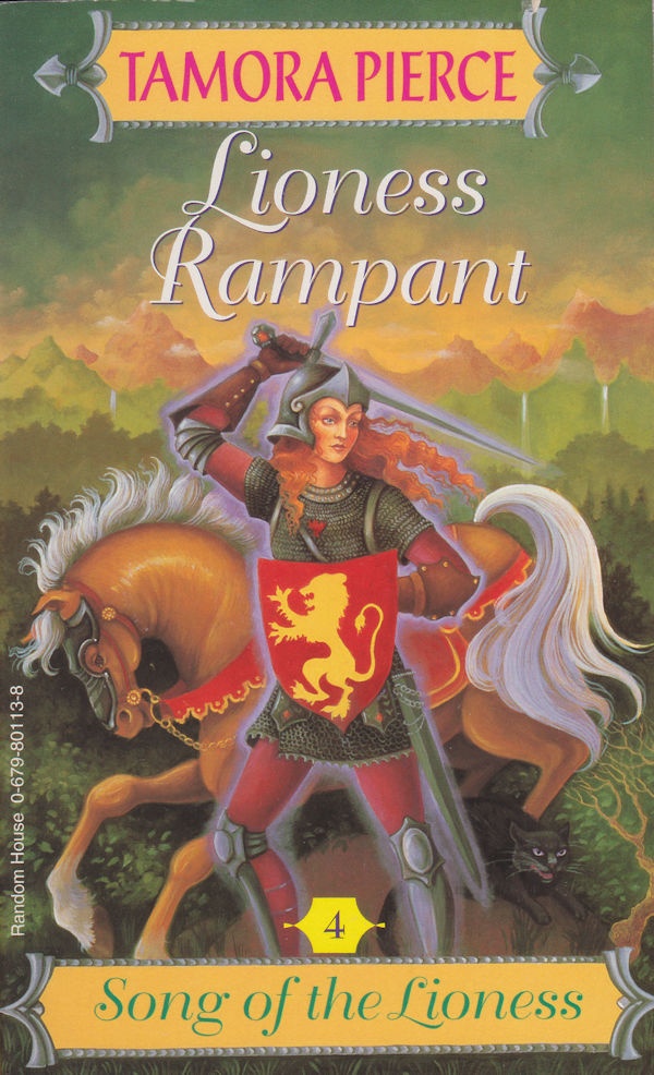 Cover of Lioness Rampant: a girl glowing purple in knight's gear raising her sword while her cat and horse stand behind her.