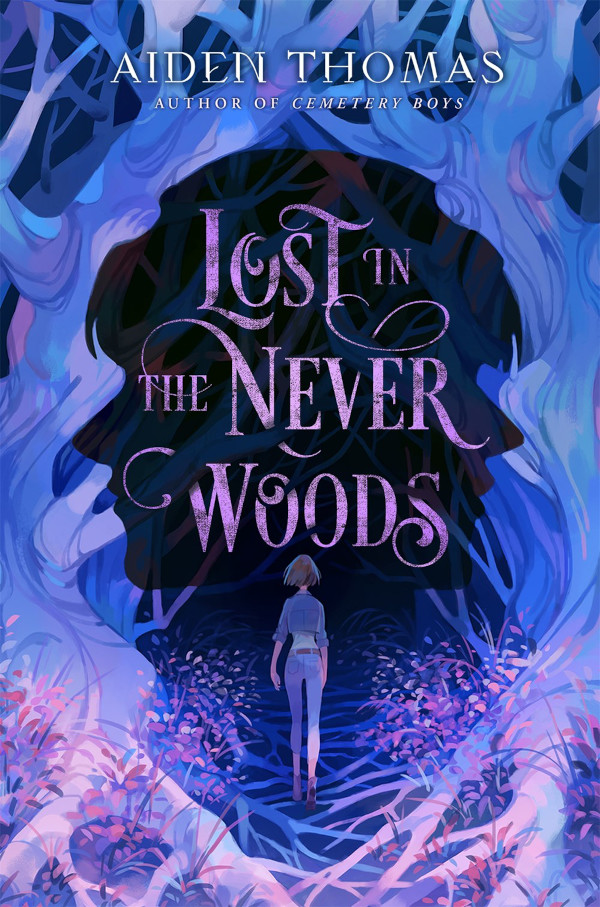 Cover of Lost in the Never Woods, featuring a girl walking into a dark purple woods