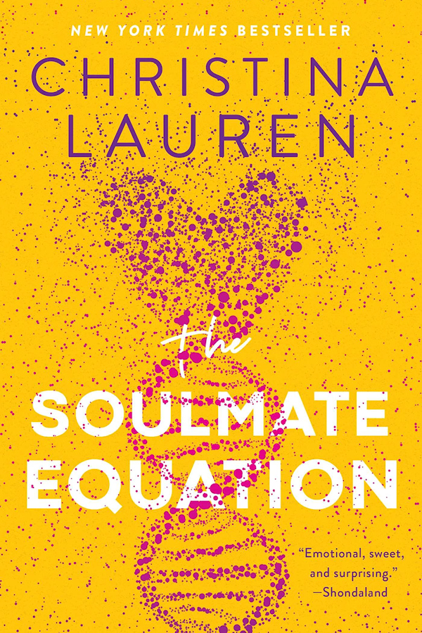 Cover of Soulmate Equation: A yellow background with tiny pink dots all over, and larger ones making up a double helix ending in a heart.