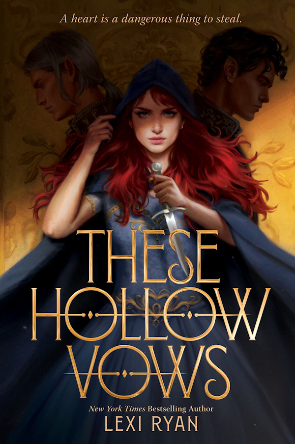 Cover for These Hollow Vows: A girl in a clock holding a dagger with two fae men behind her.