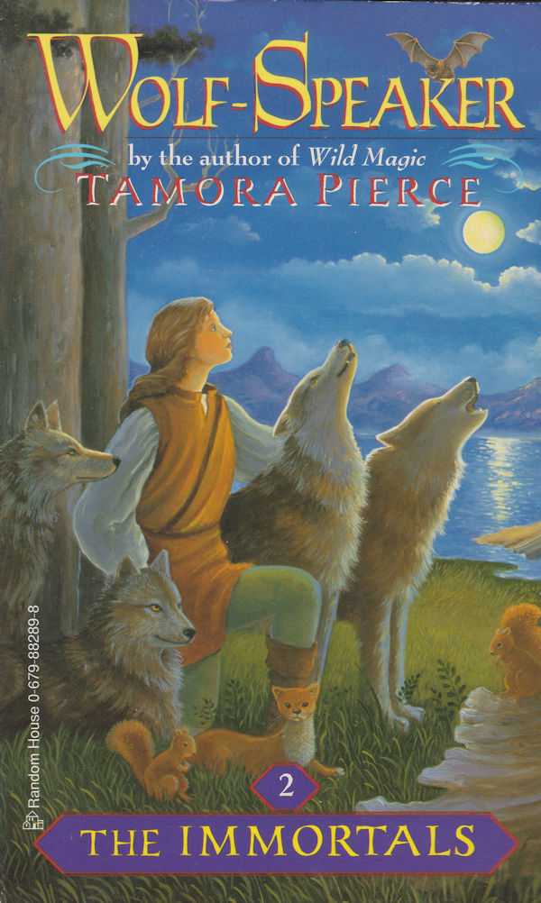 Cover of Wolf-Speake - Daine kneels next to two wolves and stares at the moon in the forest