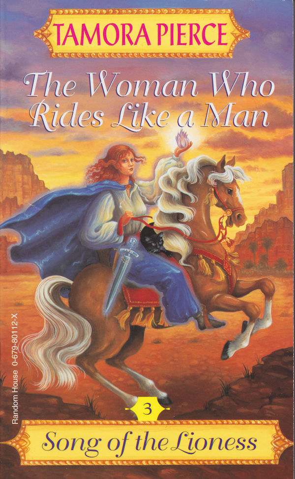 Cover of The Woman Who Rides Like a Man: A girl glowing purple riding a horse and holding a jewel in the air.