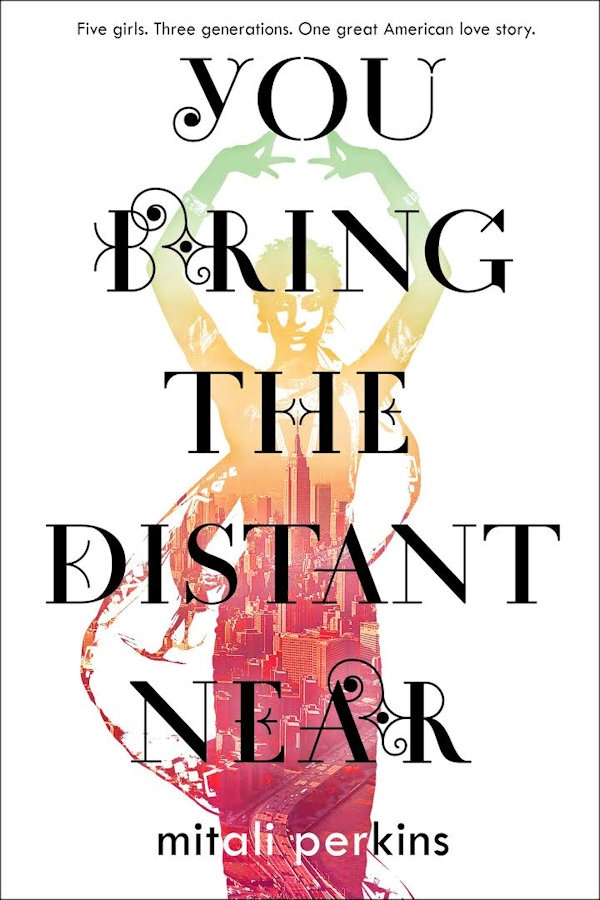 Cover for You Bring the Distant Near: A colorful woman with her hands raised above her head, superimposed with the image of a city in her.