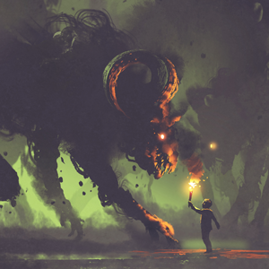 Boy facing a giant nightmare monster