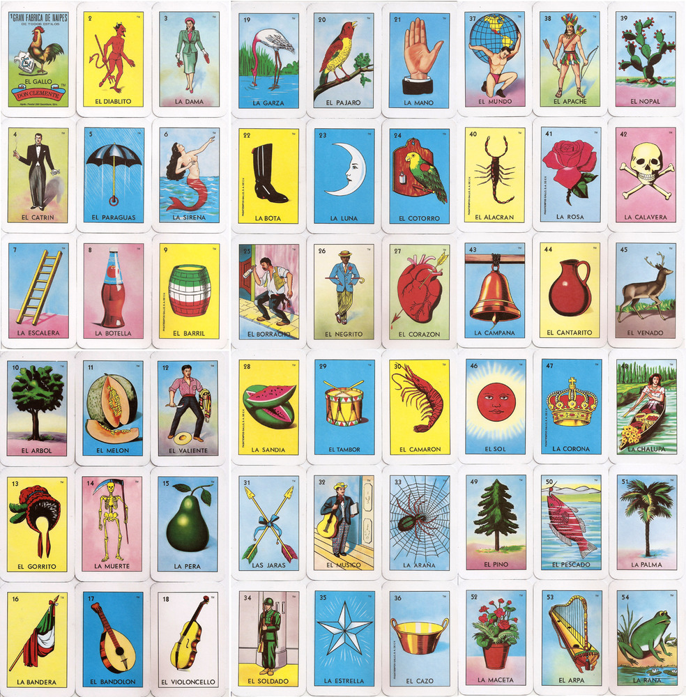 A picture of all of the cards in a Lotería deck, with symbols like a rose, a scorpion, and a skull