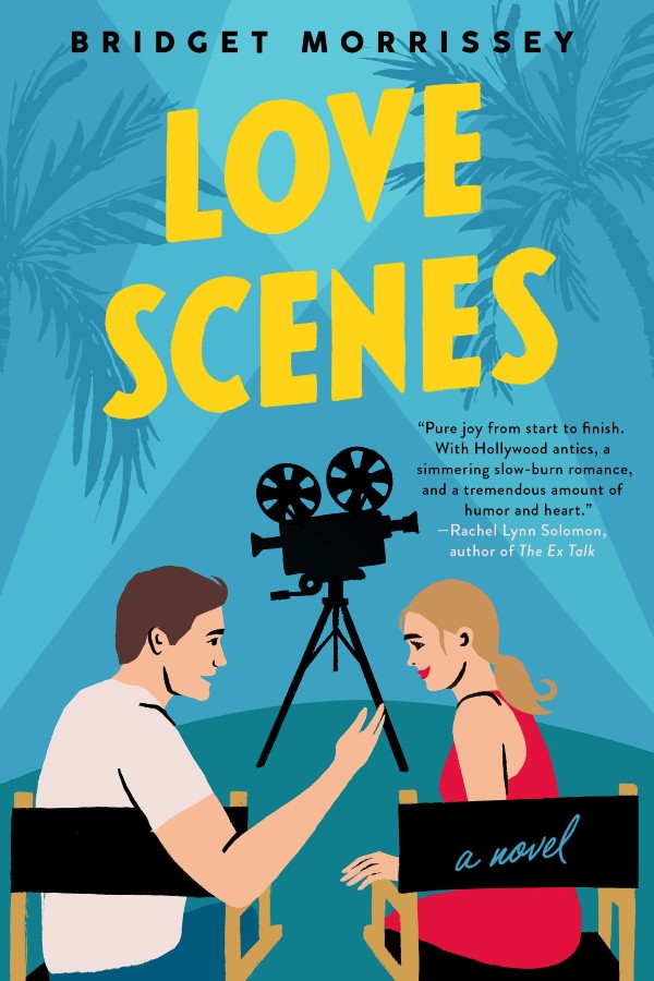 Blue cover of Love Scenes with a man and woman sitting in director's chairs with a film camera in the backround