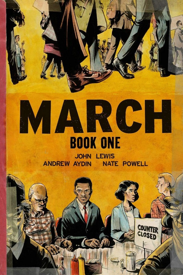 Cover of Book One of March featuring an illustration of a lunch counter protest