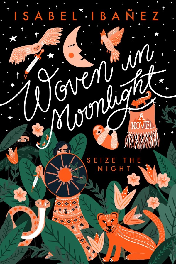 Cover of Woven in Moonlight featuring Bolivian folk art illustrations of a girl with a shield, the moon, and animals like a sloth and a snake of