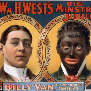 An old entertainment poster showing two men: one white, one white wearing racist blackface makeup