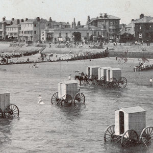 Outhouse-like buildings on wheels sitting in the water used in 1800s England to bring women into the ocean.
