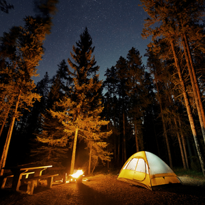 At night, a tent and fire in a clearing surrounded by woods