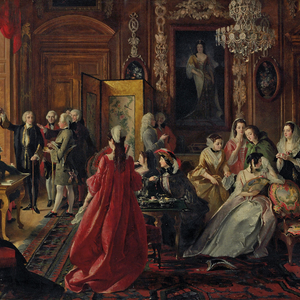 A painting of 1700-1800s women sitting and gossiping as a group of man stand apart also gossiping