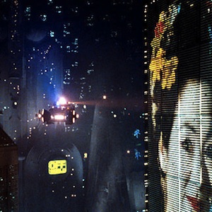 Scene from Bladerunner with a flying car in a city looking at a giant electronic billboard of a geisha