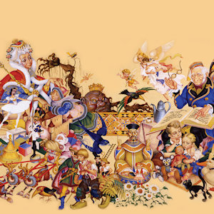 Artistic drawing of colorful fairy tale characters all piled together