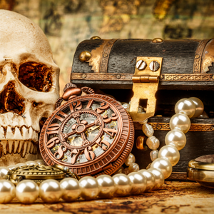 Treasure chest with a skull, compass, and pearls