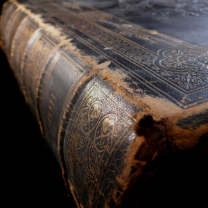 Close up of the spine of a very old leather book