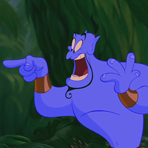 Genie pointing from the cartoon Aladdin
