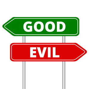 One green sign saying "good" and one saying "evil" pointing different directions