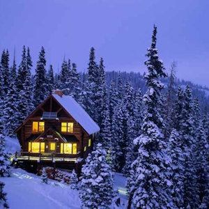 Cozy mountain house in a snowy copse of trees