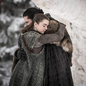 Jon Snow embraces Arya Stark in Game of Thrones