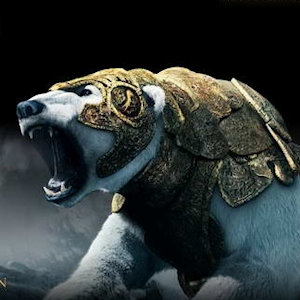 A polar bear wearing armor and roaring