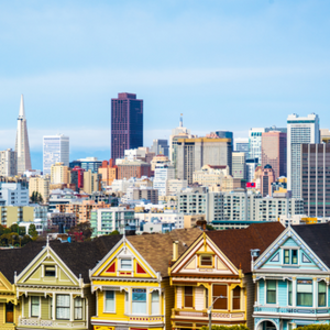 View of the city of San Francisco with the Painted Ladies houses in the foreground