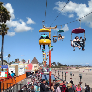 People on the Santa Cruz Boardwalk in California, with the sky buckets in the foreground