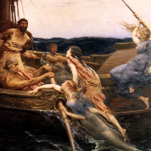 Painting of Odysseus tied to the mast as sirens come after him