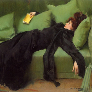 Painting of a woman holding a book lying on a green couch. Called "Decadent young woman. After the dance" by Ramon Casas i Carbó