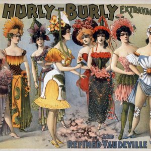 Cartoon poster featuring vaudeville women in costumes
