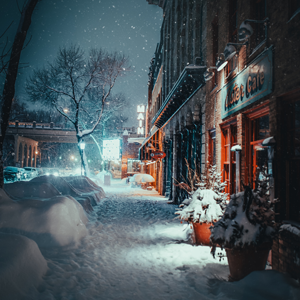 City street on a snowy evening