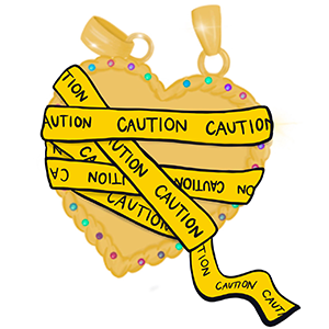 BFF charm wrapped in yellow "Caution" tape