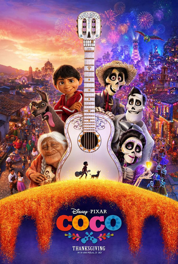 Coco Cover: A silver guitar with the characters from the movie peeking out from around it.