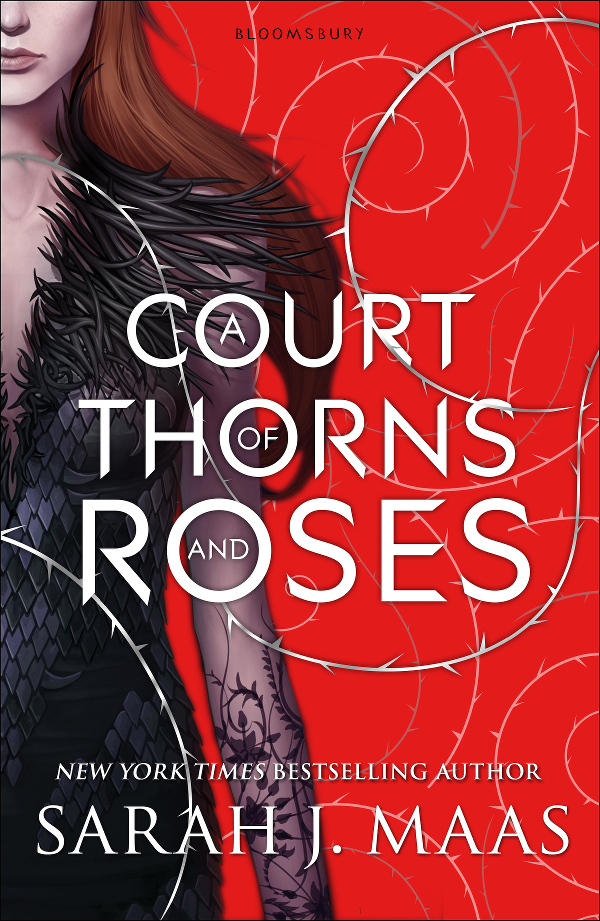 Cover of A Court of Thorns and Roses, featuring a woman in a dress made of feathers and scales in front of a red background