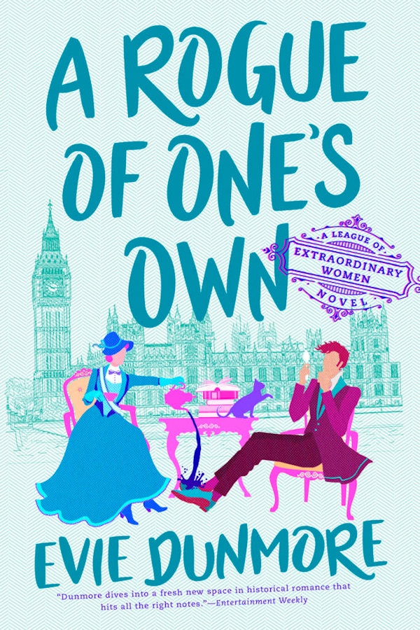 Cover A Rogue of One’s Own: A cartoon woman pours tea on a man's foot while he sits at a table with London in the background