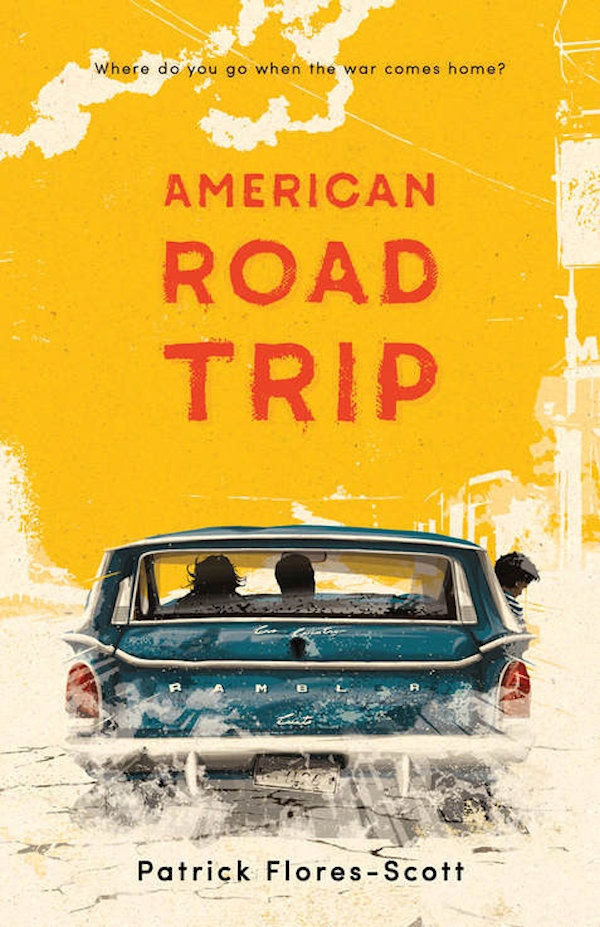 Cover American Road Trip: a yellow background, the back of a car showing two silhouettes inside and one hanging out of the window