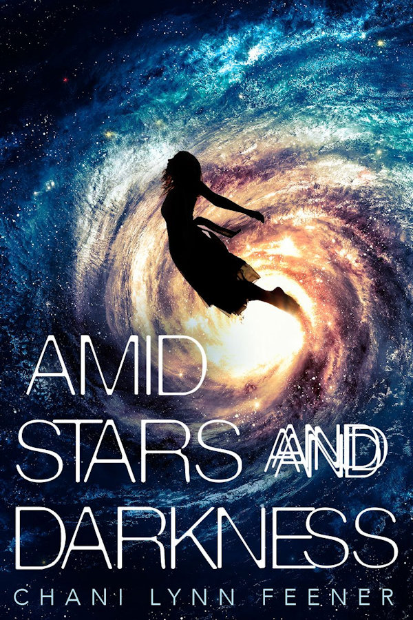 Cover Amid Stars and Darkness: A galaxy in space with a woman floating towards it