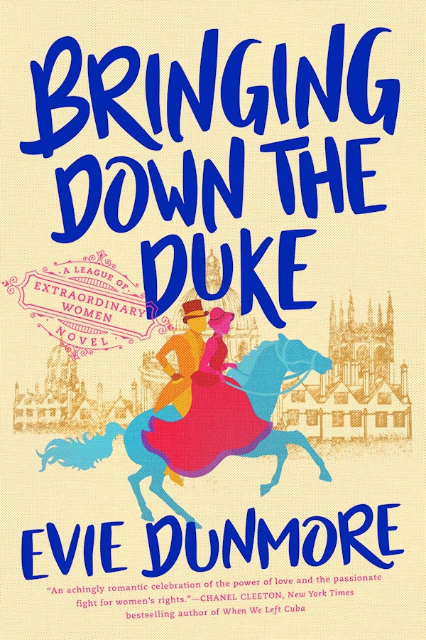 Cover Bringing Down the Duke: Cheery yellow background, cartoon man and woman riding on a horse with London skyline in the background