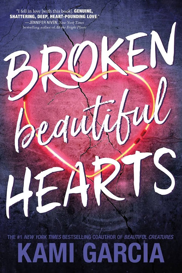 Cover Broken Beautiful Hearts: Purple Cracked concrete with a neon sign heart weaved between the book title.