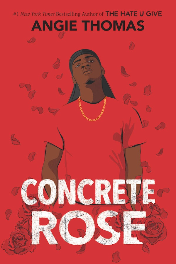 Cover Concrete Rose: Red background, a teenage boy standing amid falling rose petals