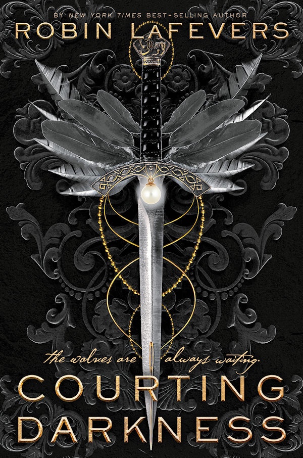 Cover Courting Darkness: A black background, with a dagger and grey feathers and ornate filigrees around it