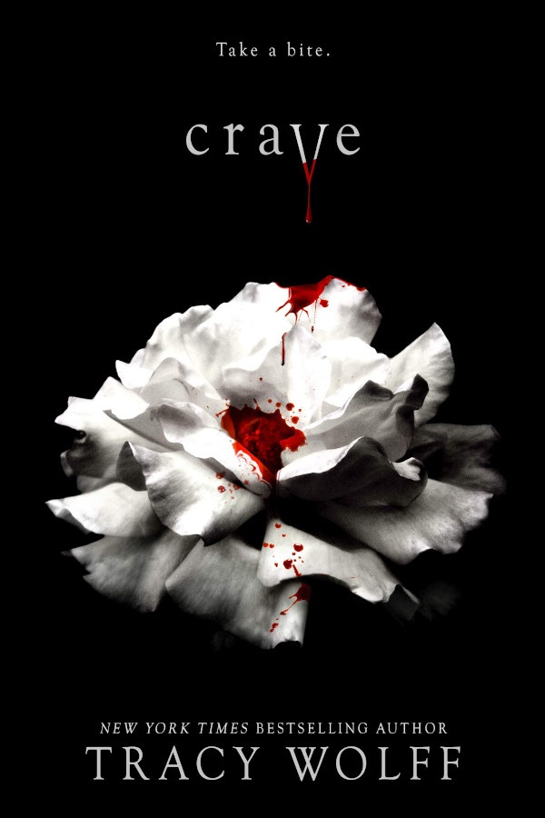 Cover of Crave, featuring a white flower with blood dripped on it on a black background