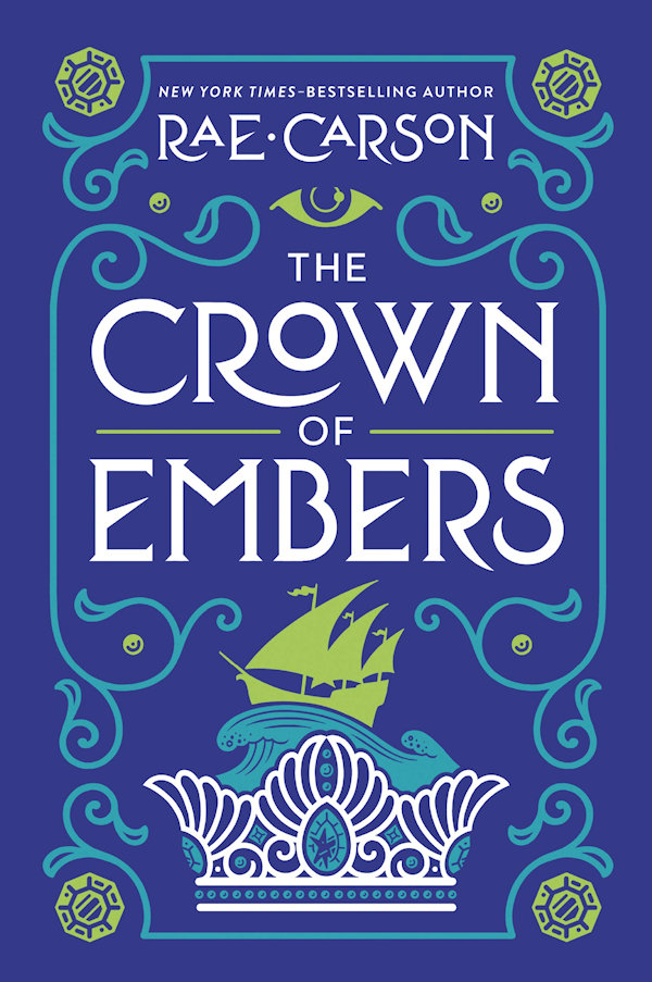 Cover Crown of Embers: A crown with a cresting wave and ship on top, surrounded by filigree and a blue background