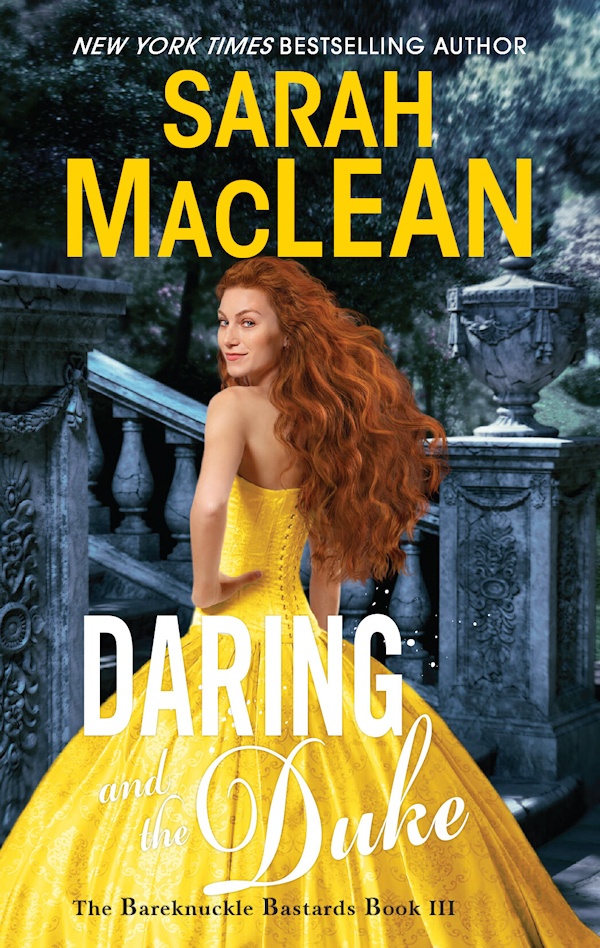 Cover Daring and the Duke: A redheaded woman in a yellow ball gown looks at the camera