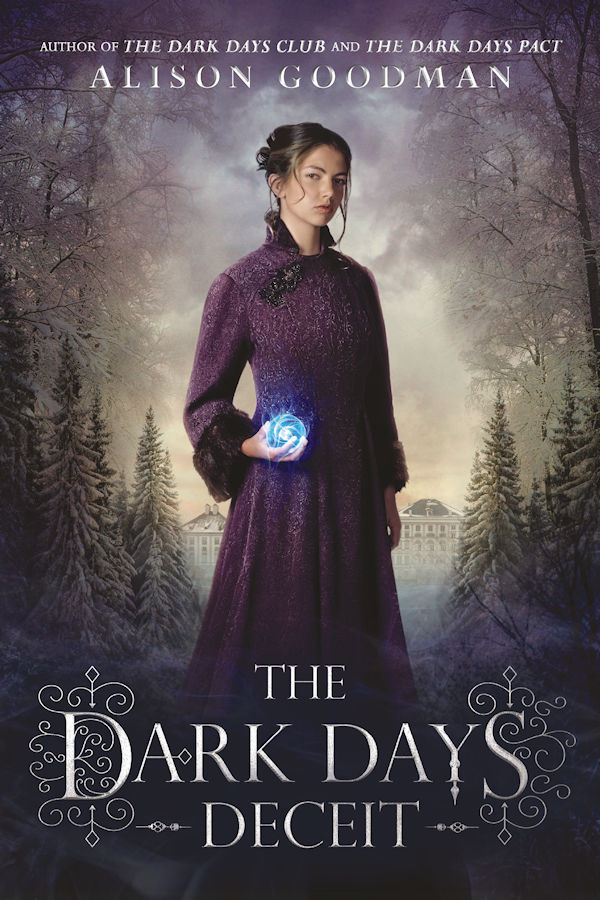 Cover Dark Days Deceit: Girl in a purple coat holding a glowing blue orb in front of winter trees.