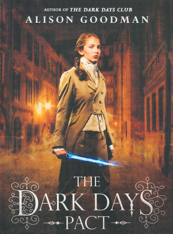 Cover Dark Days Pact: Girl in 1800s men's clothing holding a glowing blue sword