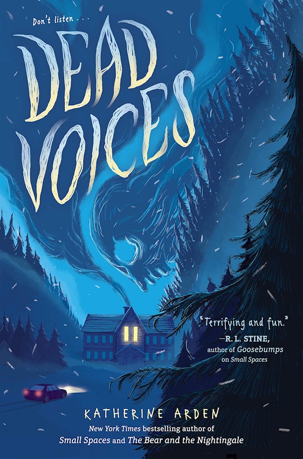 Cover Dead Voices: A creepy blue forest with a lodge in the background and ghostly smoke coming out of it