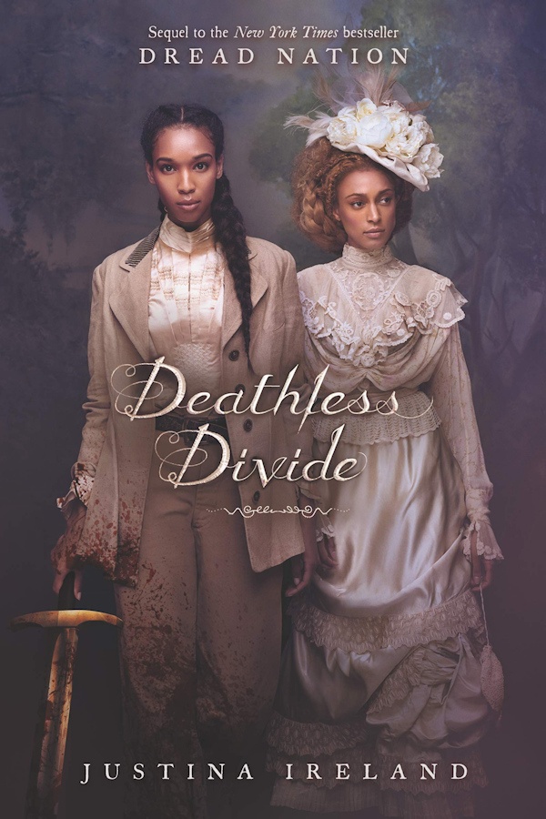 Cover Deathless Divide: Two female characters dressed in 1800s clothing face the camera, one is holding a sword dripping with blood